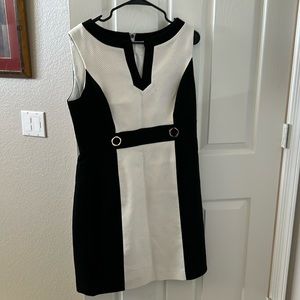 Tahari women’s sleeveless dress. Slimming black sides.